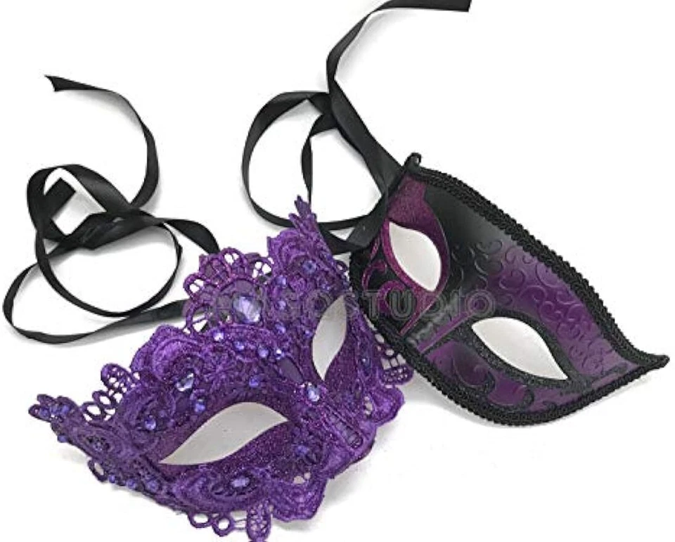 Purple Masquerade Lace Mask Pair Mardi Gras Costume Carnival Theme Party Wear - Image 2 of 4