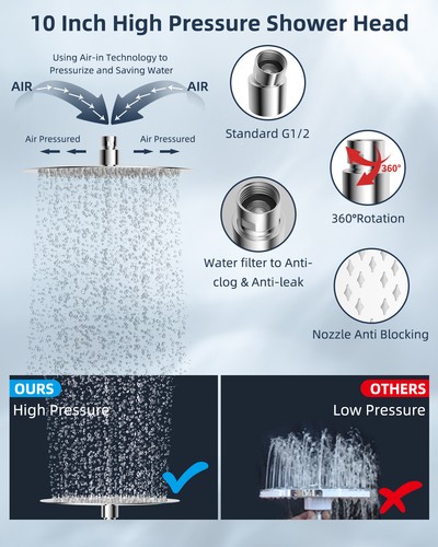 Hibbent All Metal Shower Head,10'' High Pressure Rain Shower Head/Handheld Combo - Picture 62 of 76