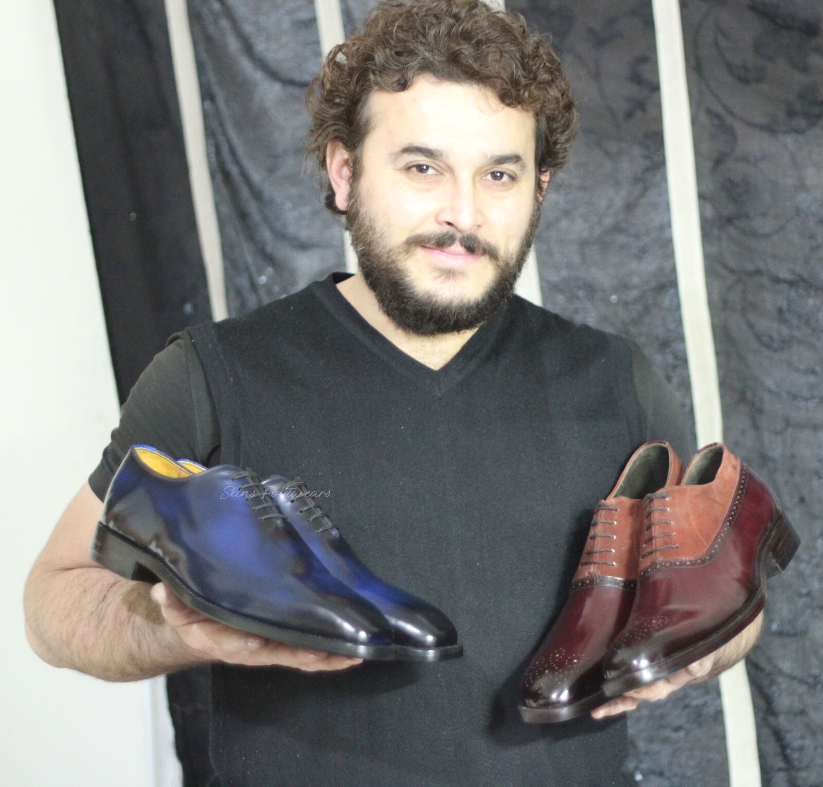 Bespoke Blue Pure Calf Leather Black Shaded Wholecut Oxford Lace Up