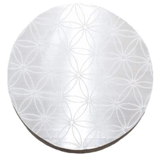 Selenite Round Charging Station Disc Plate 3" Flower of Life Etched + Baby Heart