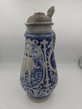 Large German Stoneware Beer Stein Tankard with Pewter Lid