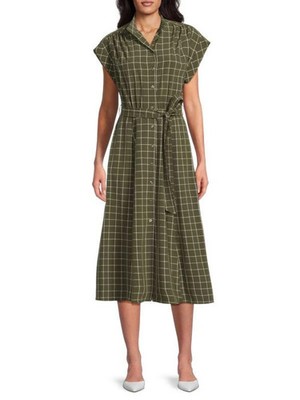 green dress brown belt Maxine Olive Sleeveless Contrast Stitched Belted Mini Dress