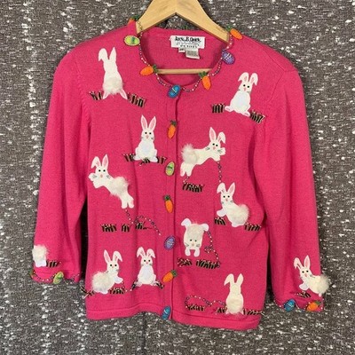 Vintage Jack B Quick Petites Pink Easter 3D Bunny Cardigan Sweater Women's PP