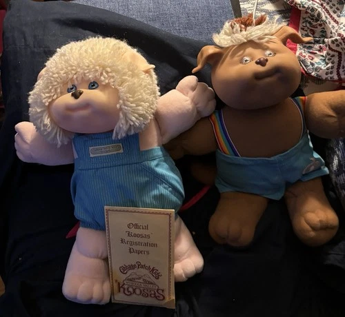 Vintage 1983 Cabbage Patch Koosa Dolls.  One Cat  With (papers)  One Dog.  Euc