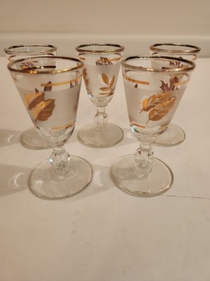 VINTAGE Libby Frosted  Gold LEAF STEMMED CORDIAL SHOT GLASSES Set Of 5  3.5 