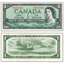 $1 1954 Bank of Canada Note H/O Prefix Mismatched Serial Error - EF/AU