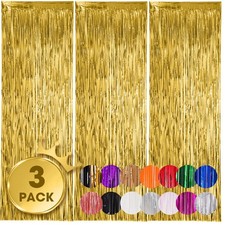 3 Pack 3.3x8.2 Feet Gold Foil Fringe Backdrop Curtains, Tinsel Streamers, Fri...