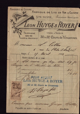 PARIS (XII°) FABRIK / BETTWÄSCHE Metall ''Léon HUYGE & ROYER'' Rechnung 1904