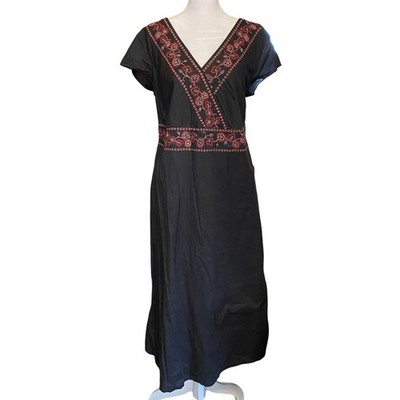 Y2K Vintage Cotton Embroidered Black Midi Dress 14 16 Boho Beach Resort Wedding
