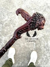Hand Carved Lion Head Handle Wooden Walking Stick Handmade Walking Cane Gift