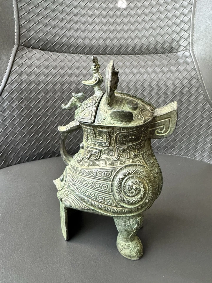 Ancient Chinese Bronze Owl Zun Replica, c.1200 BC Ritual Vessel 6in - Image 2 of 4