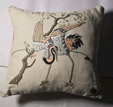 RARE Silk Emboidered Pillow, 12" X 12" BIRDS Hand stitched 