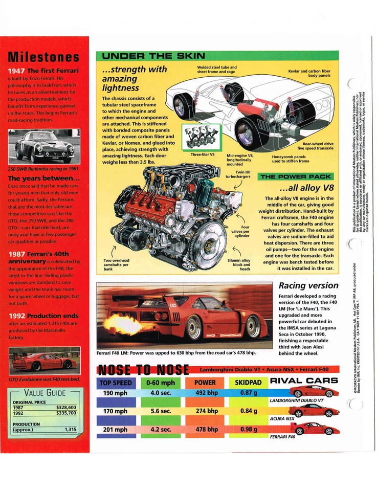 Ferrari F40 1987 - 1992 / Hoja de especificaciones F-40 / Folleto / Catálogo / Folleto, 1991, Foto 3 de 4