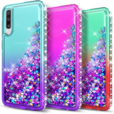 For Samsung Galaxy A70 Case Phone Cover Liquid Glitter+ Tempered Glass Protect