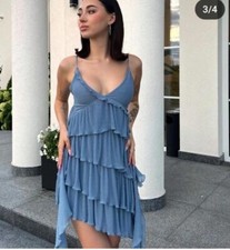 ZARA NEW WOMAN PLEATED ASYMMETRIC DRESS RUFFLE FRINGED LT.BLUE Size L 0219/805