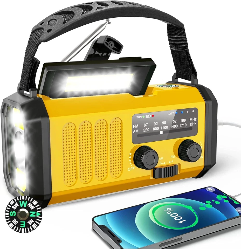 Kurbelradio 10000mAh Solar Radio Power Bank Camping Lampe Kompass Licht SOS F179 - Bild 2 von 4