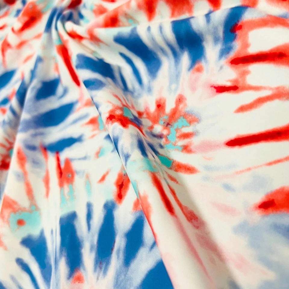 Tela de Spandex Rojo y Azul Estampado Tie Dye Elástico Nylon por Yarda para Trajes de Baño Foto 3 de 4