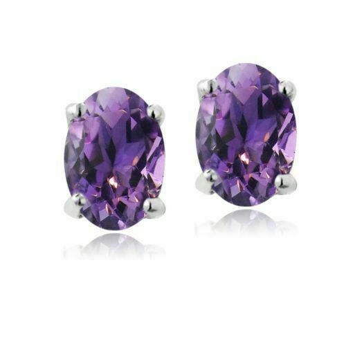 Women's 925 Sterling Silver Earrings Stud Amethyst Oval Purple Earring - Picture 1 of 3