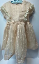Vtg Girls PINK Dress FLOCKED Size 5 6 Lace Ruffles Sheer Portrait PLEASE READ