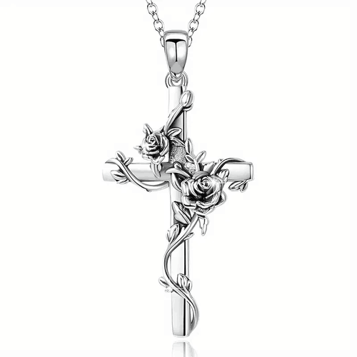 Fashion Silver Color Rose Floral Flower Cross Pendant Necklace Gift ...
