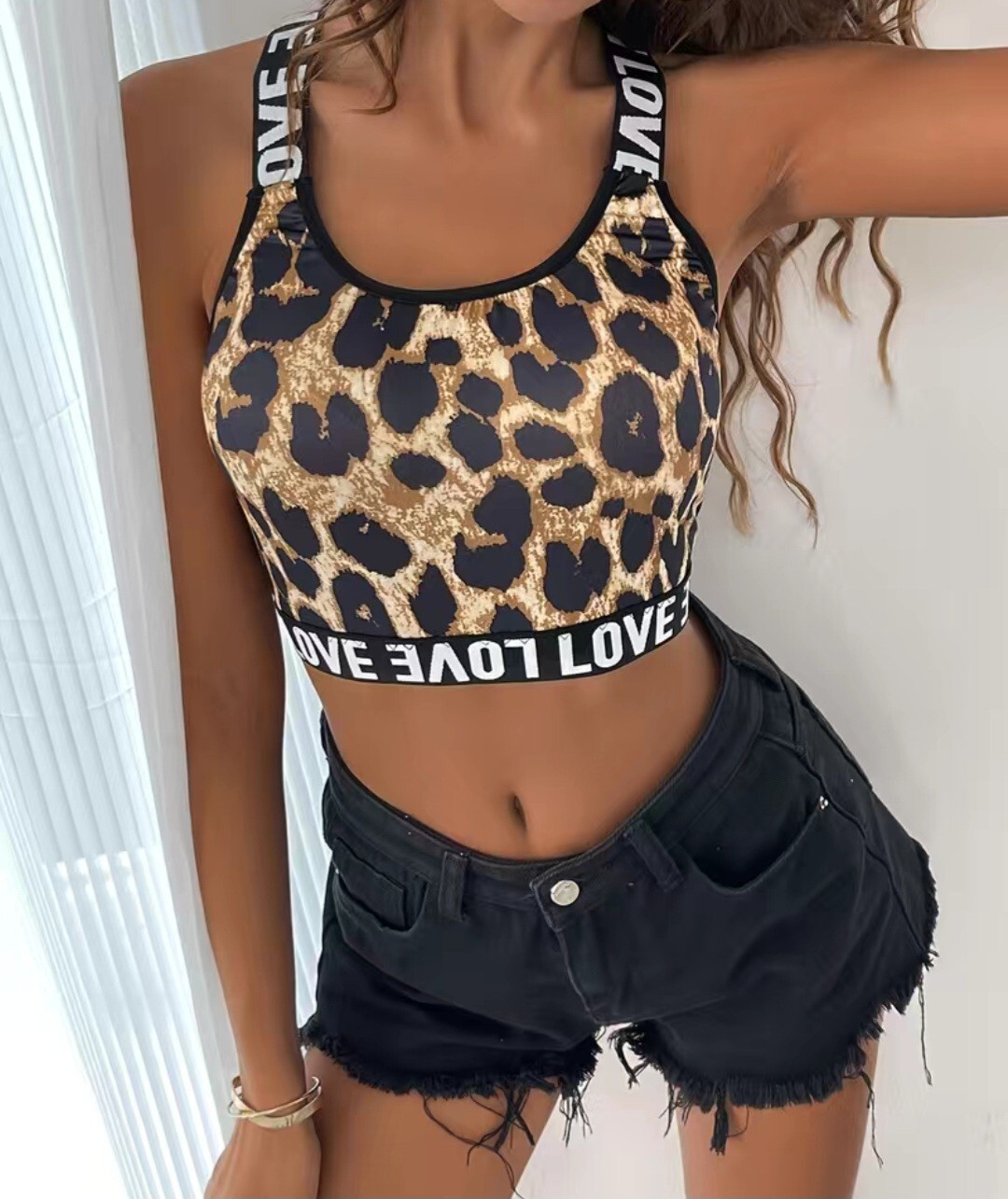 Criss Cross Back Leopard Print Sports Bra - Comfy Breathable Workout Top - Size Large BNWOT  -image