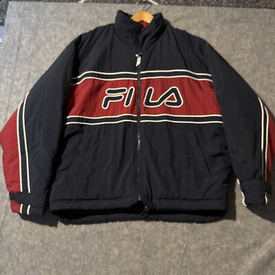 Vintage 90s FILA Puffer Jacket Mens XL Color block Embroidered Spellout  Full Zip