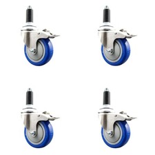 4 Inch 316SS Blue Poly Swivel 1-1/8 Inch Expanding Stem Caster Set Lock Brake