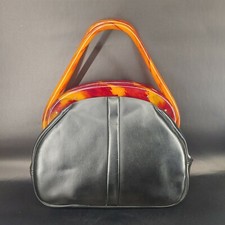 Black Leather w/ Marbled Honey Amber Bakelite Purse 1950 Mod Vintage u-5D