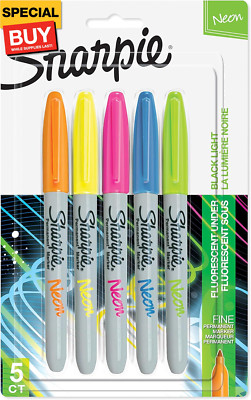 1874447 Neon Permanent Markers, Fine Point, Assorted Colors, 5 Count