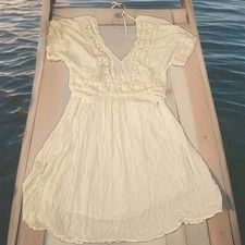 Altered State Y2k Gauze Babydoll Dress Smocked Large Eggshell  Crinkle Belted 