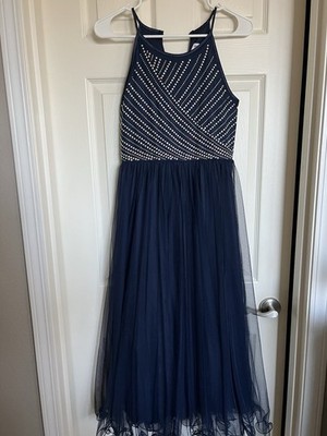 Speechless Girls' High Neck Full Length Party Dress (navy) Sz 14