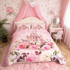 Girls Castle Bedding Set Dreamy Princess Castle Bedding Duvet Cover Set Pink ...