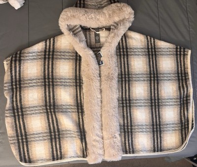 Vince Camuto Plaid Faux Fur Trim Knit Shawl Wrap Neutral Beige Black