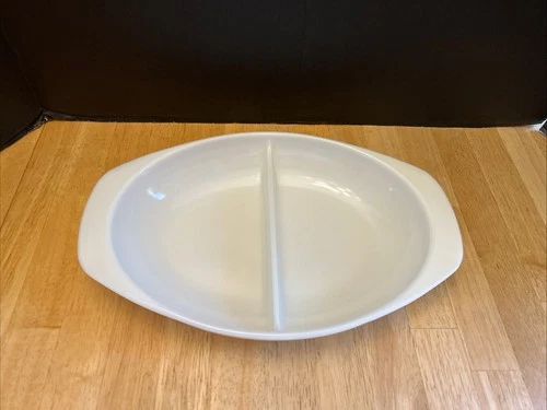 Vintage 60s Pyrex 1063 Milk Glass Divided Oval Casserole Dish 1.5 QT Made In USA