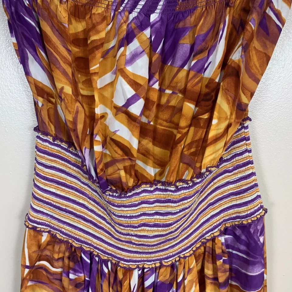 Maxi Vestido BCBG Maxazria 100% Seda Estampado Tropical Sin Tirantes Naranja Púrpura L Foto 3 de 4