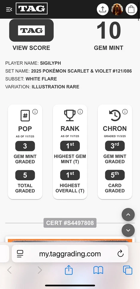 POP 3 - 2025 Pokemon English White Flare - Sigilyph 121/086 IR - TAG 10 -PSA CGC - Image 4 of 4