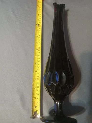 Vintage MCM Fenton Glass Ebony Black Thumbprint Swung Vase 17.5”
