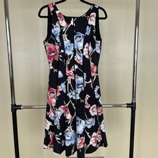 White House Black Market Dress Sz 8 Blue/Pink Floral Midi Sleeveless A Line