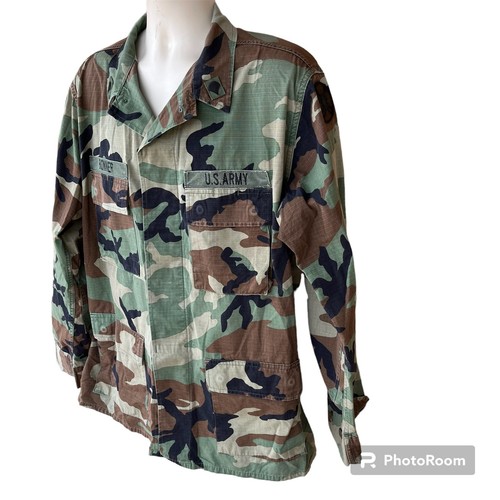 US Army Woodland Camouflage Button Front Pockets Hot Weather Coat Mens L Long - Picture 5 of 11