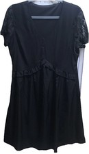 Black Lace Polyester A-Line Dress Flutter Short Sleeve V-Neck Knee M