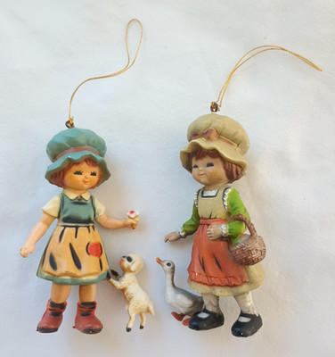 Vtg Christmas Ornament 3'' Girl Sheep Goose Country Alpine Children Hong Kong
