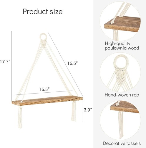 Dahey Macrame Hanging Shelf Boho Wall Decor Bedroom 2 Packs Rustic Off-white - Picture 3 of 6