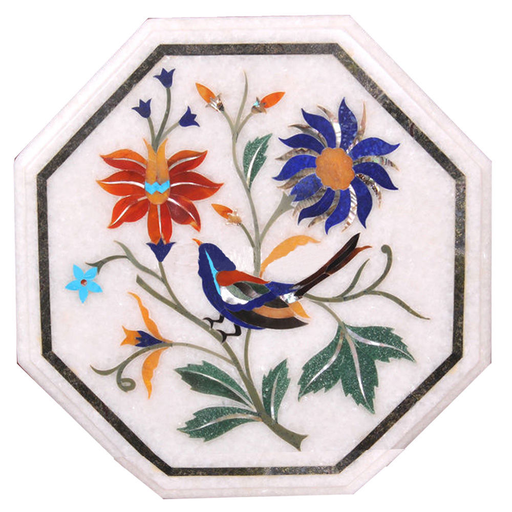 15 Inch Handmade Marble Coffee Table with Pietra Dura Inlay Art for Home Decor