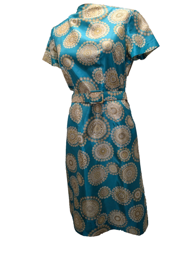 Vtg. 1960's Teal Gold Tan Silk Blend Dress by Marjorie Montgomery M - Picture 3 of 7