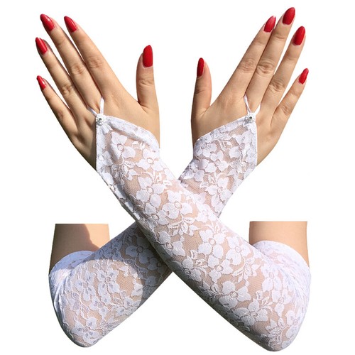 Womens Gloves Sexy Floral Fingerless Gloves Long Lace/Fishnet Arm Elbow Gloves - Picture 2 of 21