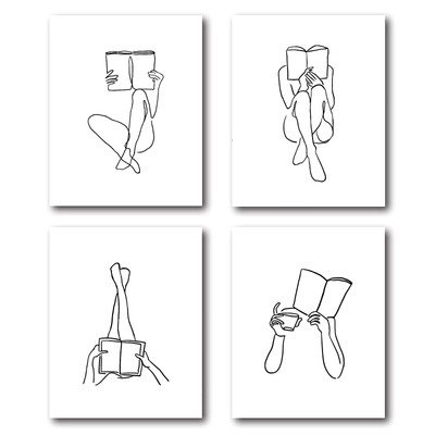 XWELLDAN Boho Minimalist Abstract Women Reading Book Line Drawing Wall Art Pr...