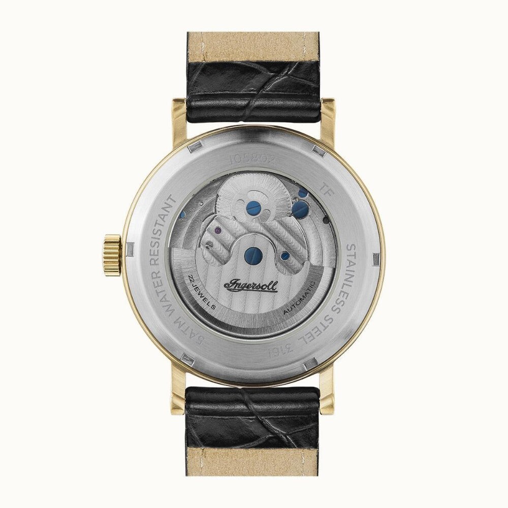Ingersoll Charles Gold Stainless Steel Black Leather Strap Men 