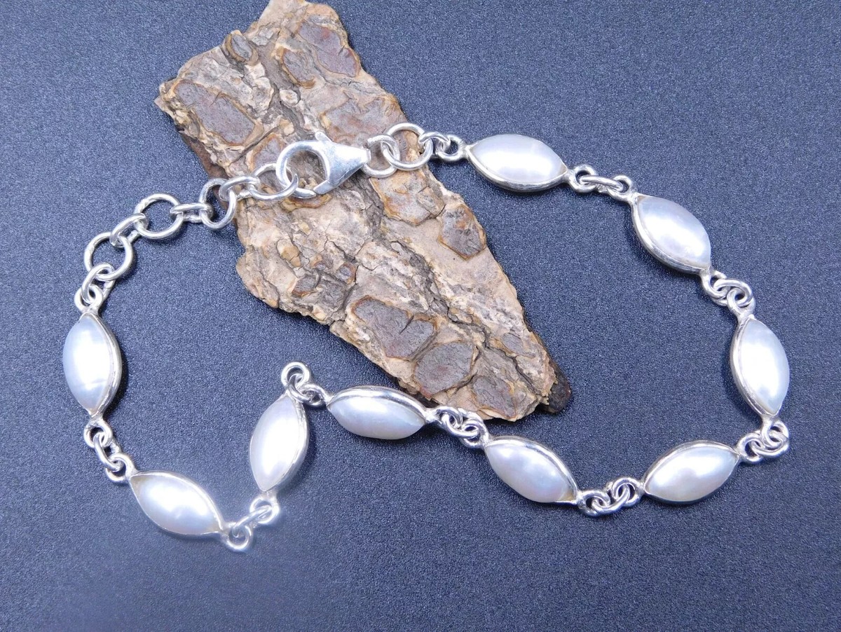 Gm 925 Sterling Silver Natural Fresh Pearl Cab Gemstone Bracelet Size 