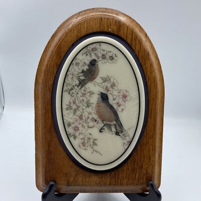 Handmade Oval Art Robins Birds Tree Blossoms Etching Stone Wooden Frame Hanging