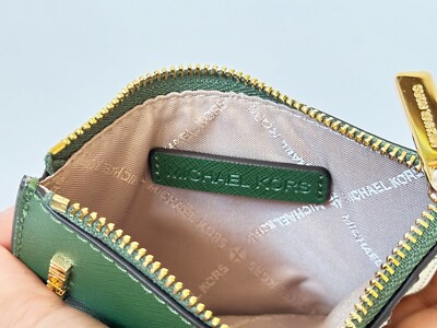 MICHAEL KORS JET SET TRAVEL TOP ZIP CARD CASE LEATHER WALLET FERN